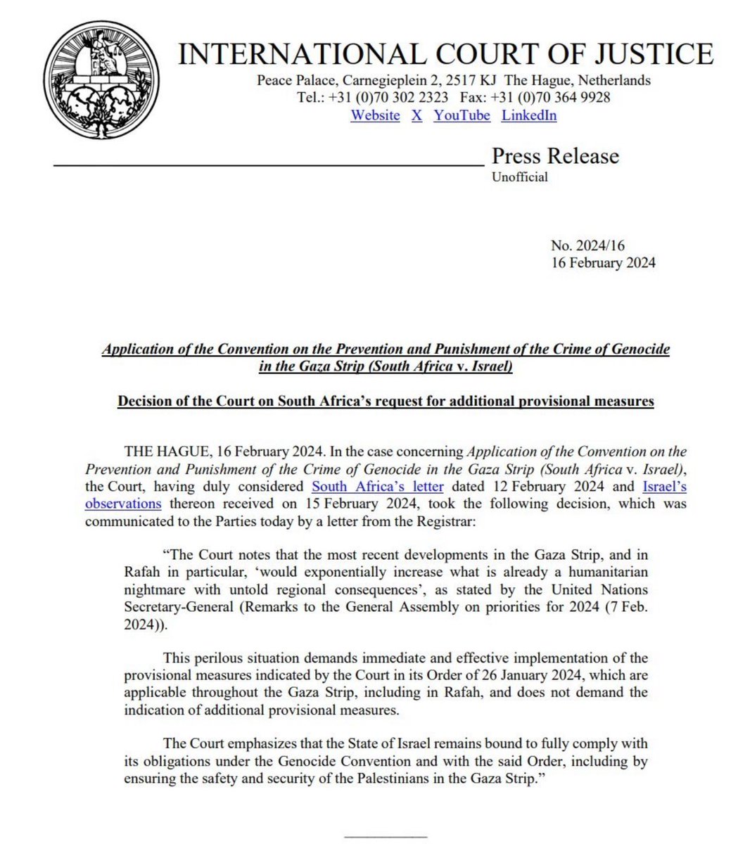 BREAKING: ICJ REJECT SOUTH AFRICA’S APPLICATION AND SAY THE ESCALATION IN RAFAH DOES NOT REQUIRE ADDITIONAL MEASURES The ICJ said the Rafah bombing; “Does not demand the indication of additional provisional measures.”