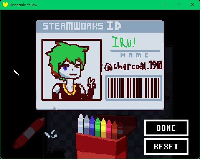 Charcoal_190's tweet photo. My art program of choice? The Undertale Yellow Steamworks ID minigame that's exclusive to the neutral route, of course!
#100oj #100orange #100orangejuice #iruday #UndertaleYellow https://t.co/rCviXMIRNF