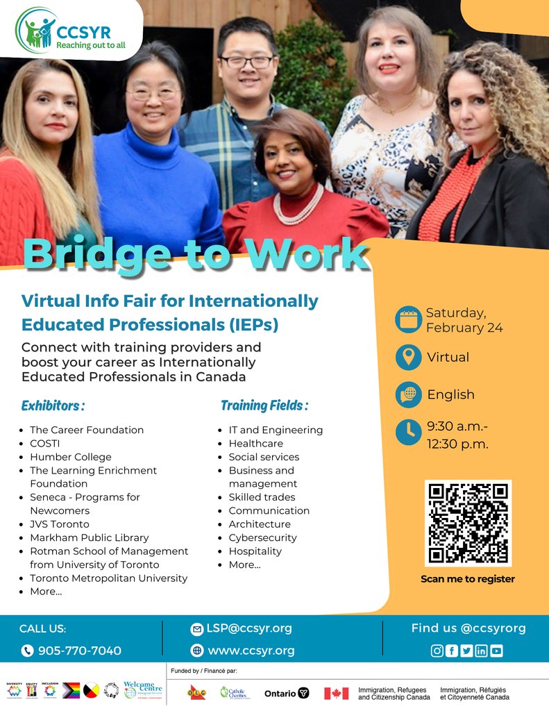 ccsyrorg's tweet image. Join us on February 24 for a virtual information session. Connect with training providers and boost your career as an Internationally Educated Professional. Register at the link below.  

 l8r.it/OYH9 1. 
#CareerBoost #VirtualInfoSession #IEPTraining #CCSYR