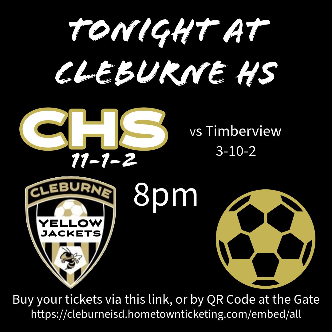 Game Night at Cleburne HS at 8pm. Come see your Yellowjackets take on Timberview. <a href="/cleburnehigh/">Cleburne High School</a> <a href="/CleburneISD/">Cleburne ISD</a> <a href="/Cleburne_Soccer/">Cleburne Jacket Soccer</a>