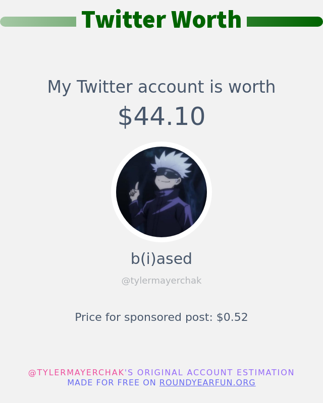 tylermayerchak's tweet photo. My Twitter worth is: $44.10

➡️ https://t.co/fsRw2aGZfE https://t.co/1jc7GAflZb