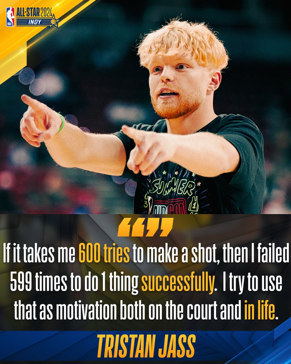 NBA's tweet photo. THE ANATOMY OF A TRICK SHOT

On Friday, one of the biggest names in hoops social media – and a longtime friend of the NBA family – takes the court, when Tristan Jass joins the Ruffles NBA All-Star Celebrity Game.

A baller known worldwide for his trick shots, you may have also seen him throwing a dime in the sneak peek of Mac McClung’s AT&T Slam Dunk workout.

TJass is famous for making magic happen. Exclusive for the Starting 5 newsletter, here’s how he does it.

@TristanJass: From the pass, the spin of the ball, the angle of the shot, the force applied, the anatomy of making a trick shot is similar to the basics of physics and geometry. I’m figuring out different angles for each shot and with repetition, I get closer and closer to the target until eventually that target gets hit.

The most important aspect of a trick shot is: Creativity. I got here today by being different. I focus on being as different as possible. I always go back to the question ‘how can I make this unlike any other trick shot I’ve already completed?’ That’s where a lot of my creativity comes from.

Each trick shot depends on the gym setup, which can be overlooked in the creative process. Every NBA arena is unique so I need to scope out the area. Once I get an idea of what I want to   do, I’ll have someone filming, someone rebounding and in some instances I’ll even have multiple people in a line relaying me the ball. If I have 25 minutes to hit something and I have four balls in rotation then it’s a lot quicker than just throwing one.

Nothing feels better than making a tough trick shot. The hardest shot I ever made was when I was in Miami for the 2023 NBA Finals – I did a 360 off the railing on the second concourse of the Kaseya Center. That was the coolest shot I’ve made and it ended up gaining a lot of traction on social media.

Now with some shots you get lucky, they go in quicker than others. However, I find myself at times taking at least a thousand attempts on one shot. You get to that 600th attempt and you start questioning whether or not you can make it. I always tell myself to keep going.

There’s a cool hidden message for me when it comes to making my trick shots: Similar to life, you need to be okay with failure and you need to learn from your mistakes. If it takes me 600 tries to make a shot then I failed 599 times to do one thing successfully. I try to use that as motivation both on the court and in life.

You miss 100% of the shots you don’t take, so keep shooting.