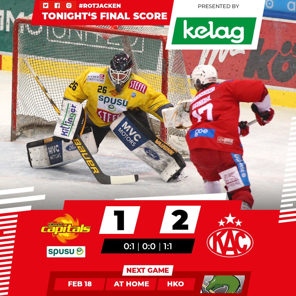 EC_KAC's tweet photo. Ganahl im Powerplay, Fraser in Minute 57 in Unterzahl. Die #Rotjacken gewinnen auch das vierte Saisonduell mit Wien. #VICKAC #ICE https://t.co/c9ql2yLlHx