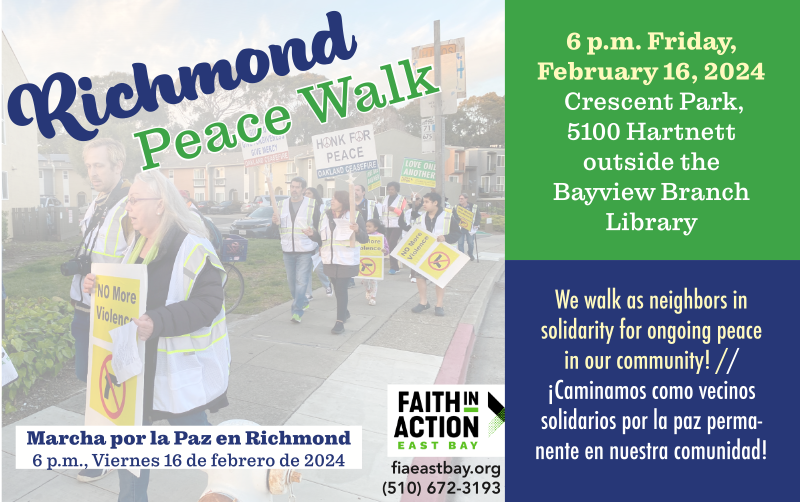 FIAEastBay's tweet photo. Richmond! We are walking for peace tonight at 6 p.m. at Crescent Park, 5100 Hartnett, outside the Bayview Branch Library. #richmondpeacewalk #peoplepower #webuildpower #construimospoder https://t.co/TqoqMb0kpH
