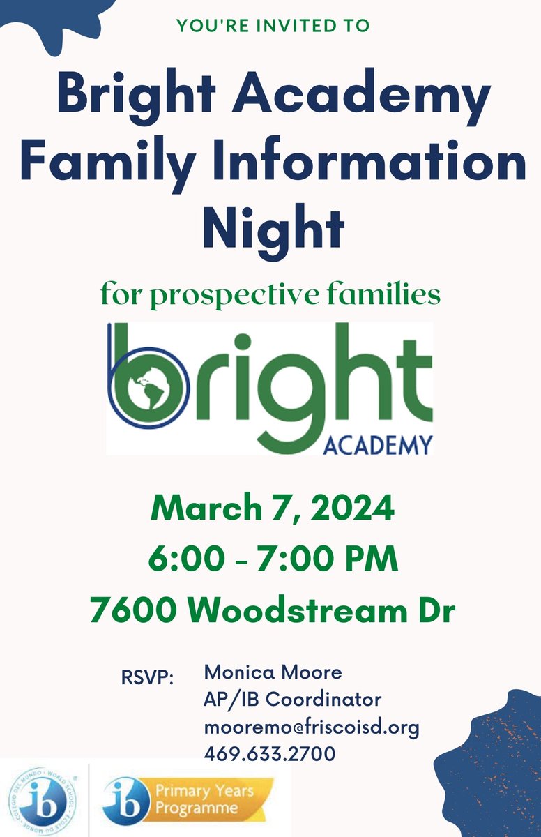 Christina McLain (@cmclainap) on Twitter photo <a href="/BrightAcadFISD/">Frisco Bright Academy- IB PYP School</a> is excited to share the Primary Years Programme with prospective families on March 7th. See the flyer and contact mooremo@friscoisd.org with any questions. <a href="/BrightAcadFISD/">Frisco Bright Academy- IB PYP School</a> is excited to share the Primary Years Programme with prospective families on March 7th. See the flyer and contact mooremo@friscoisd.org with any questions.
