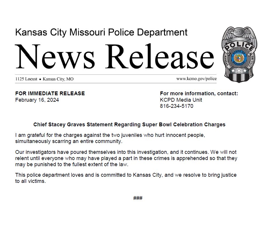 A statement from Chief Stacey Graves regarding the Super Bowl celebration charges.