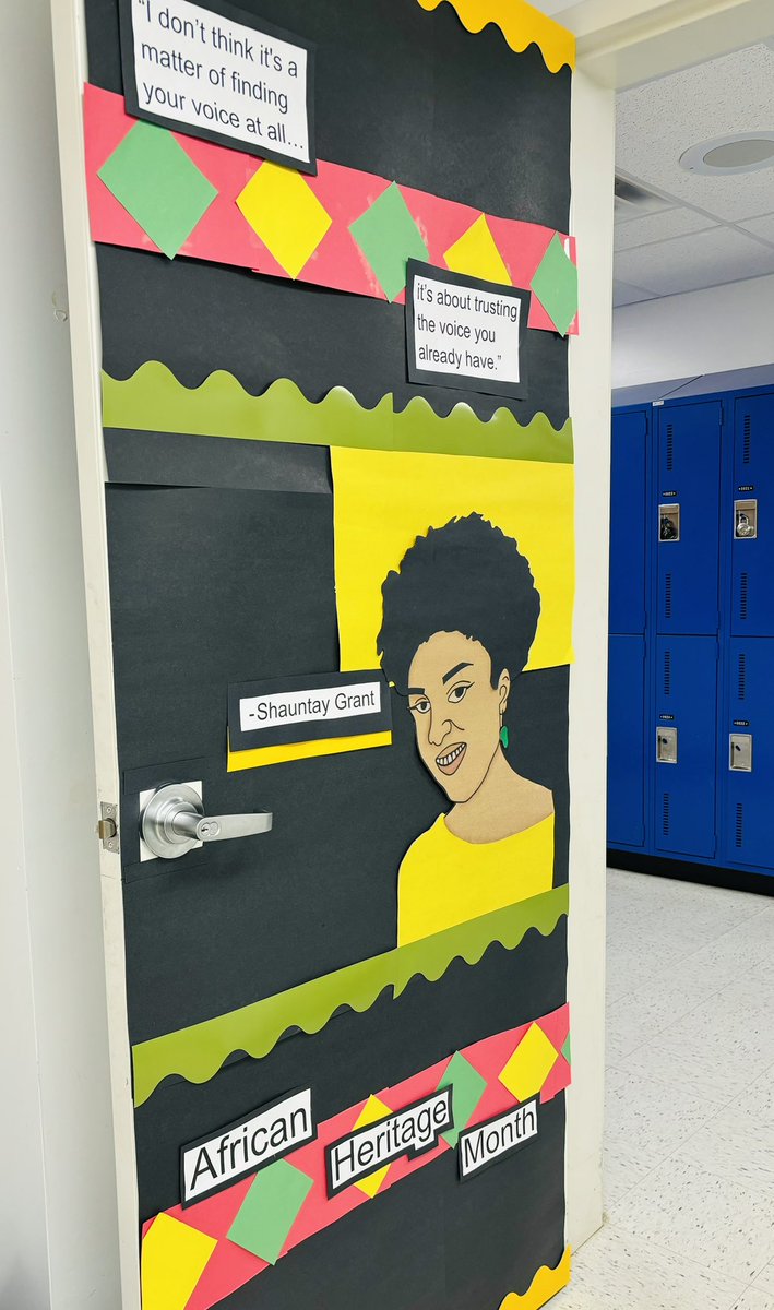 RobynBent79's tweet photo. African Heritage Month door decoration @GPVanierJH! 604 did a tribute to local author and spoken word poet Shauntay Grant! https://t.co/RqTr8tugsa
