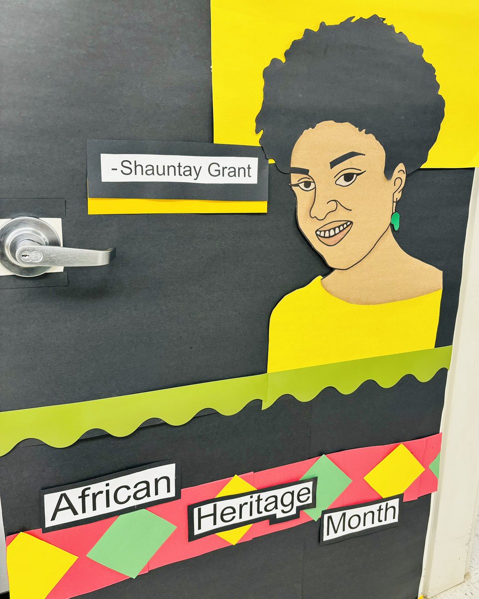 RobynBent79's tweet photo. African Heritage Month door decoration @GPVanierJH! 604 did a tribute to local author and spoken word poet Shauntay Grant! https://t.co/RqTr8tugsa