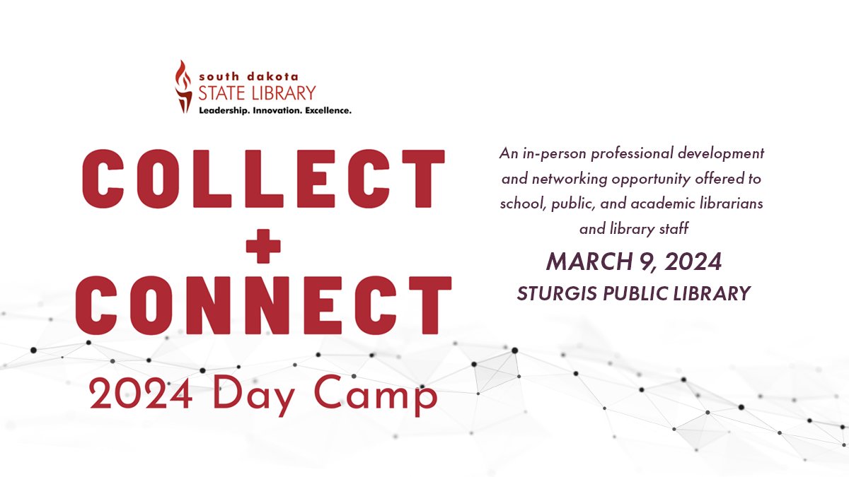 LibrarySD's tweet image. Register for SDSL's Collect+Connect 2024 Day Camp! Hosted at the Sturgis Public Library on March 9, participants will share ideas, learn from each other's experiences, and earn 6 CECHs. library.sd.gov/CAL/2024/SDSL-…

#southdakotalibrarians #libraryprogramming #SDSLCollectConnect