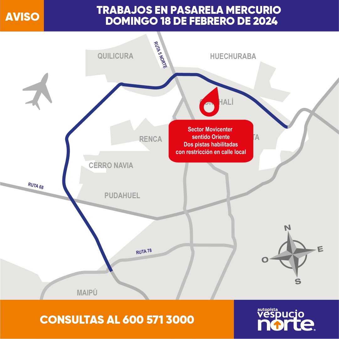 Vespucio_Norte's tweet photo. 🚧 Hasta las 22:00
Dos pistas habilitadas al Oriente en sector #Movicenter con restricción en calle local por TRABAJOS EN PASARELA MERCURIO.
Atención a la señalización del lugar.
@TTISantiago @radiocarab @mop_chile https://t.co/bLqOMrZwSN