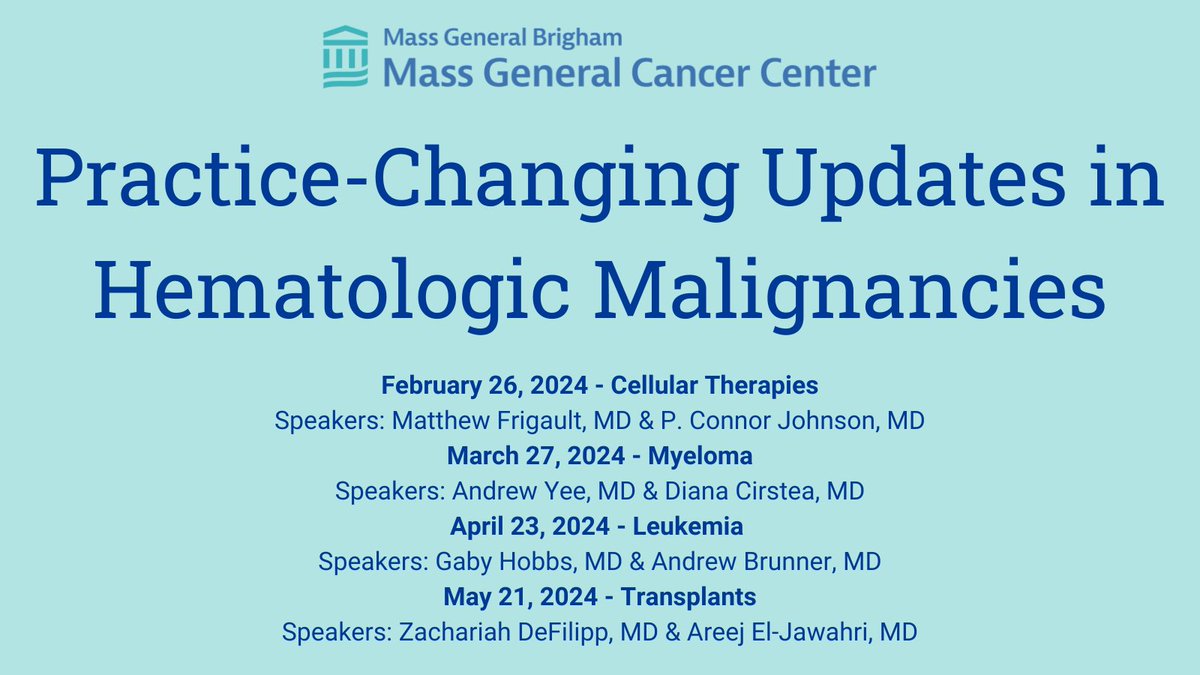 Join us on Feb. 26 for the next session of @MGHCancerCenter's Practice-Changing Updates in Hematologic Malignancies 2024. This session will focus on Cellular Therapies. Register now! cpdlearn.massgeneralbrigham.org/course/mass-ge…