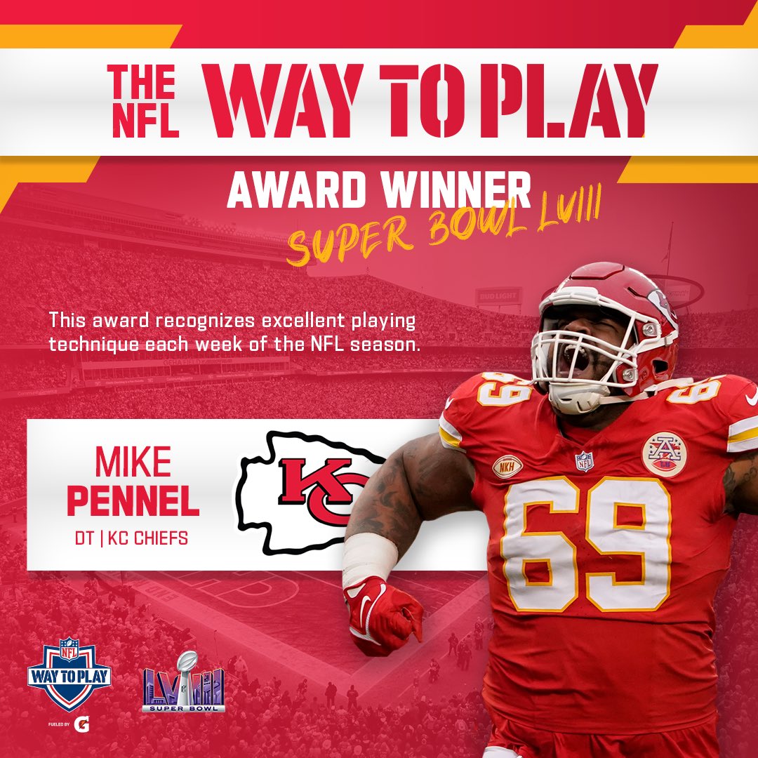 nflplayfootball's tweet photo. Nothing gets by Mike.  😤 

Congratulations to the final Way to Play award winner of the season!  Mike Pennel stepped up big time in Super Bowl LVIII. 

Swipe and watch @JasonMcCourty break it down! 🔥 

Fueled by @Gatorade https://t.co/R6hbLxkmxN
