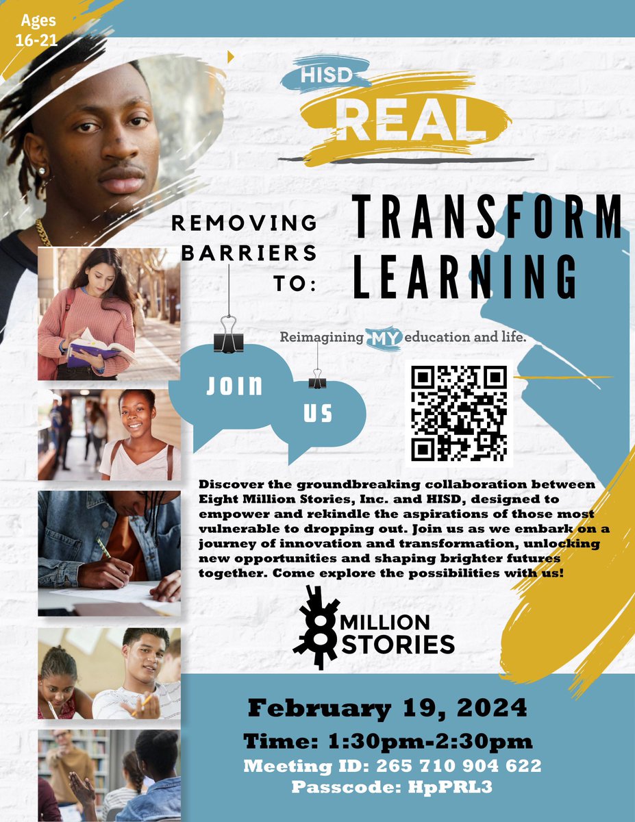 HISD Strategy and Innovation (@hisdinnovation) on Twitter photo Join us virtually, February 19th to see how HISD REAL is removing barriers to transform learning! Help the 8MS team transform learning! Register OneSource #1515069 <a href="/HoustonISD/">Houston ISD</a> <a href="/HISDCTE/">Houston ISD CTE</a> <a href="/HISDCounseling/">HISD Sch Counseling</a> <a href="/WeLoveWheatley/">Phillis Wheatley High School</a> <a href="/NorthForestHigh/">North Forest High School</a> <a href="/northside_hs/">Northside High School</a> <a href="/JackYatesHigh/">Jack Yates High</a>
@HISDChoice Join us virtually, February 19th to see how HISD REAL is removing barriers to transform learning! Help the 8MS team transform learning! Register OneSource #1515069 <a href="/HoustonISD/">Houston ISD</a> <a href="/HISDCTE/">Houston ISD CTE</a> <a href="/HISDCounseling/">HISD Sch Counseling</a> <a href="/WeLoveWheatley/">Phillis Wheatley High School</a> <a href="/NorthForestHigh/">North Forest High School</a> <a href="/northside_hs/">Northside High School</a> <a href="/JackYatesHigh/">Jack Yates High</a>
@HISDChoice