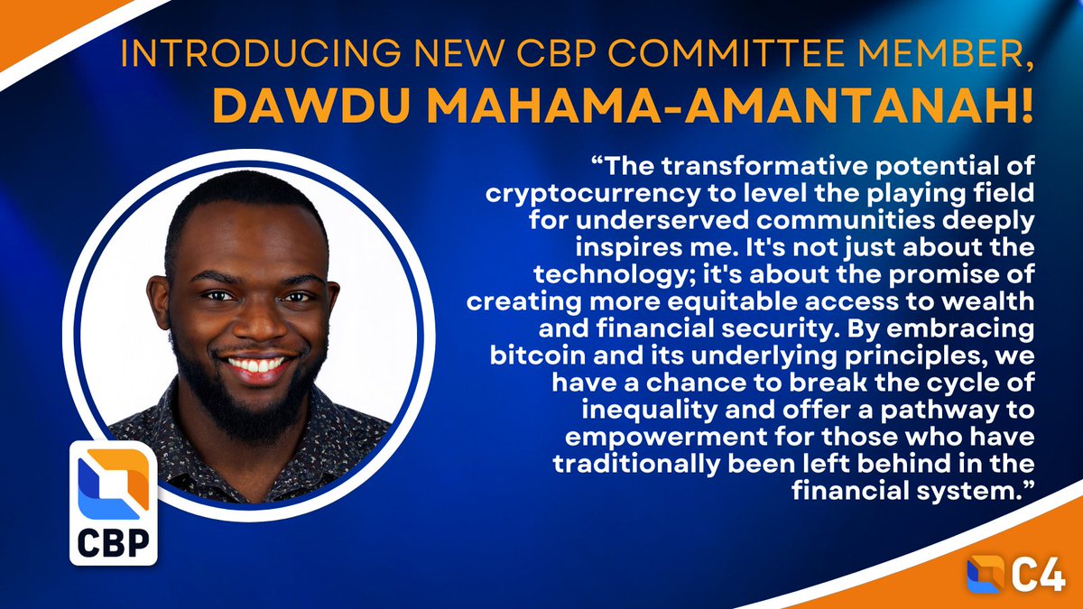 Meet our newest CBP committee member, @_DAWDU! Dawdu began contributing to C4 as a content reviewer and has shown his dedication to and knowledge of Bitcoin technology. We're thrilled to have him on board! Thanks for all you do, Dawdu!