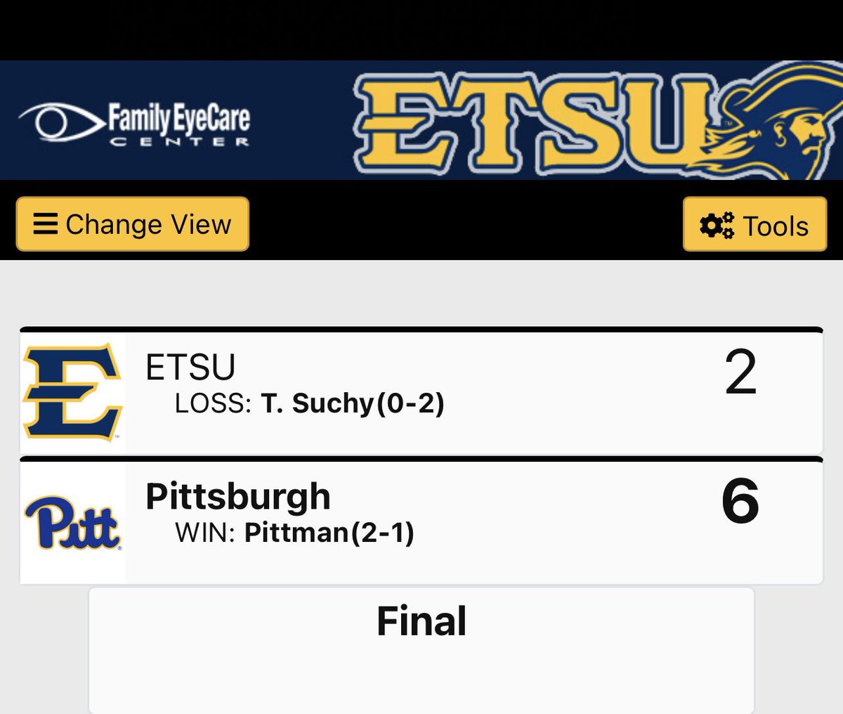 ETSUSoftball's tweet photo. Final from Georgia. 

Pitt 6
ETSU 2

Bucs take on Kennesaw State at 6:30p

#BeGreat https://t.co/Di9ZcYDH93