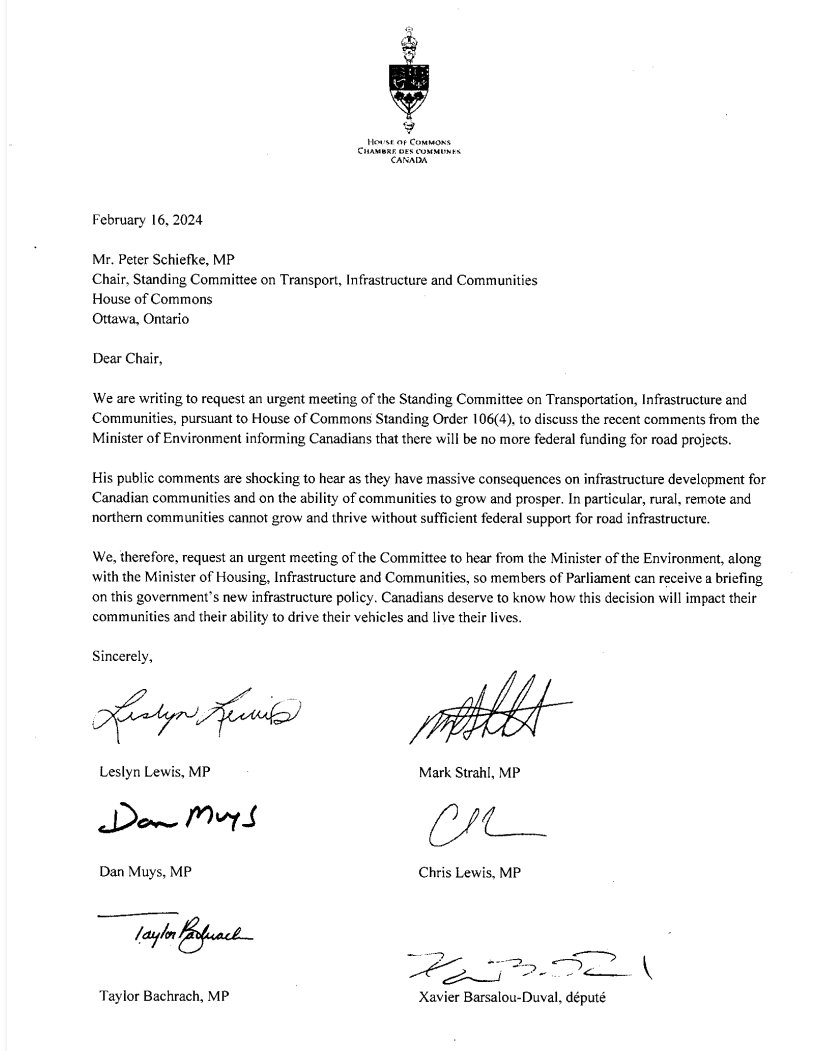 LeslynLewis's tweet image. Following the Liberals' shocking announcement that they will no longer fund new roads, Conservatives are calling for ministers @s_guilbeault  and @SeanFraserMP  to appear before committee so Canadians can understand how this government expects communities to grow without roads.