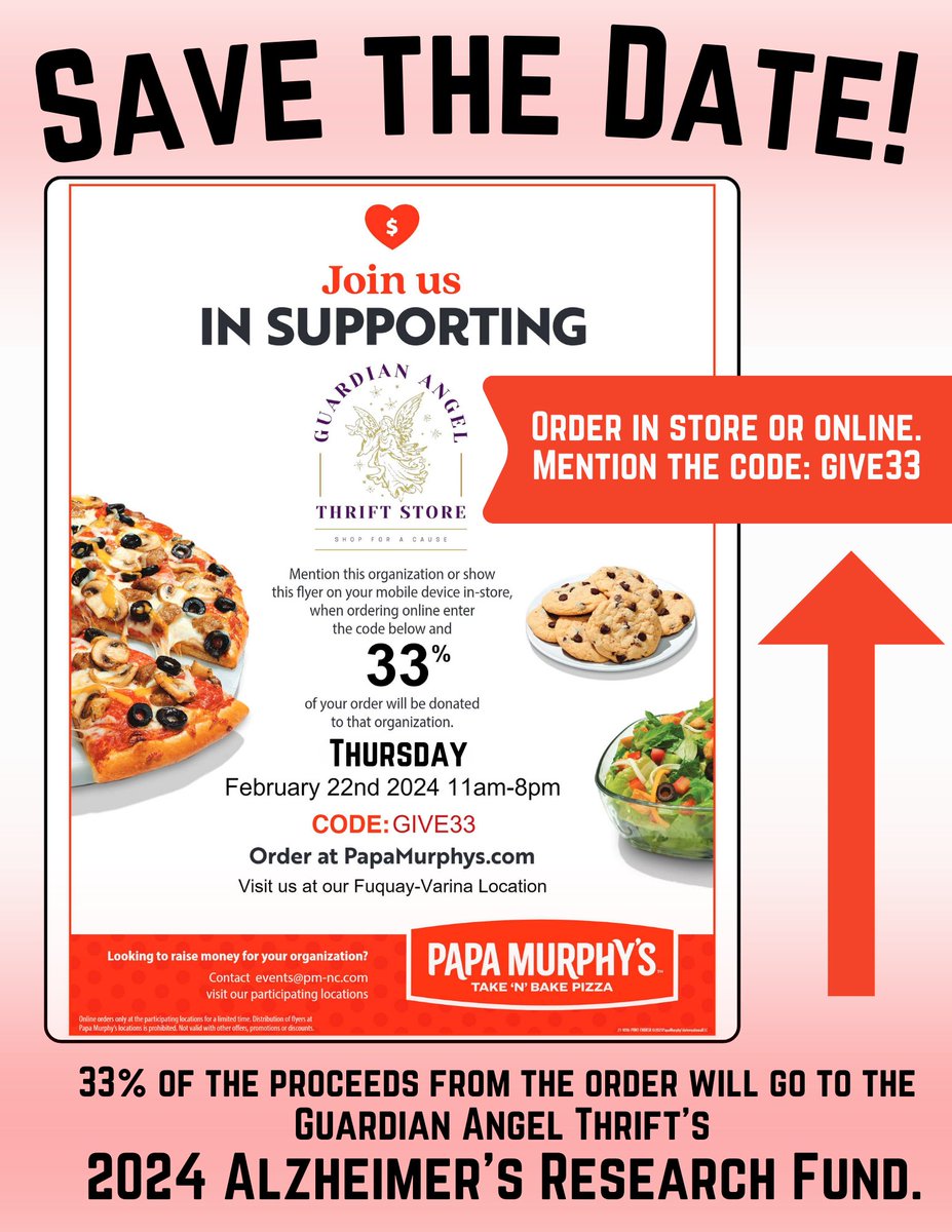 Angels4Alz's tweet photo. Pizza Fundraiser for Alzheimer's Research !!  #gathrift #Alzheimers #papamurphyspizza https://t.co/IjzaKItUkL