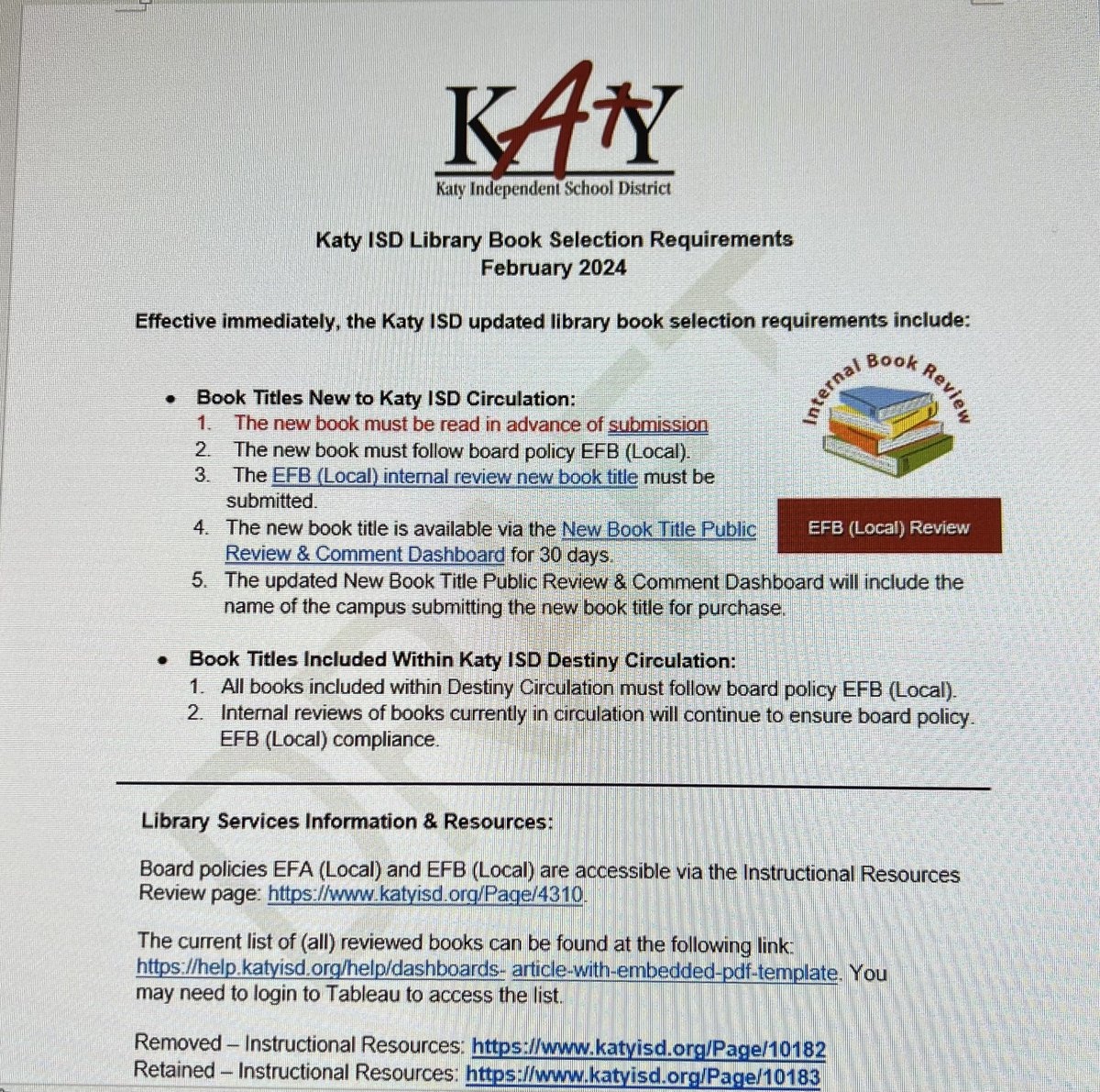 Today @katyisd informed staff librarians they can no longer request to purchase books they have not read in their entirety. @katyisd will also publish the name of the campuses next to the title of the book on the public purchase order request dashboard. txftrp.org/how_to_break_t…