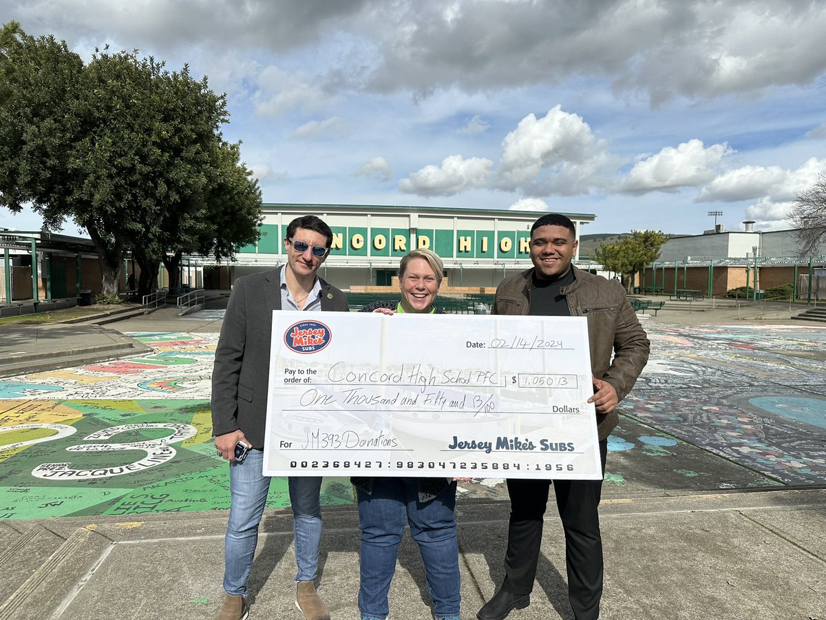 Thank you to Jersey Mike’s (@ 5438 Ygnacio Valley Road, Concord) generous donation of over $1,000 to Concord High’s PFC! We appreciate your partnership with our school community.