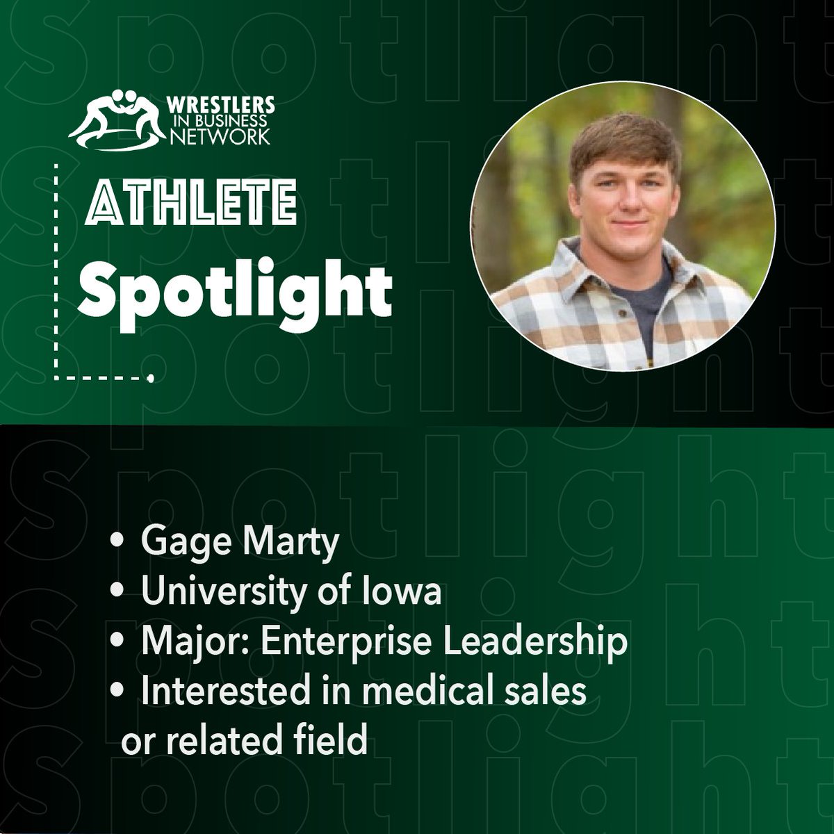 Our next Student-Athlete Spotlight features Gage Marty from <a href="/TheIowaHawkeyes/">The Iowa Hawkeyes</a> <a href="/Hawks_Wrestling/">Iowa Hawkeye Wrestling</a> 

Gage is an Enterprise Leadership major with an interest in medical sales or a related field

Connect with Gage here: linkedin.com/in/gage-marty-…

#WrestlersInBusiness #WrestlingCareerFair