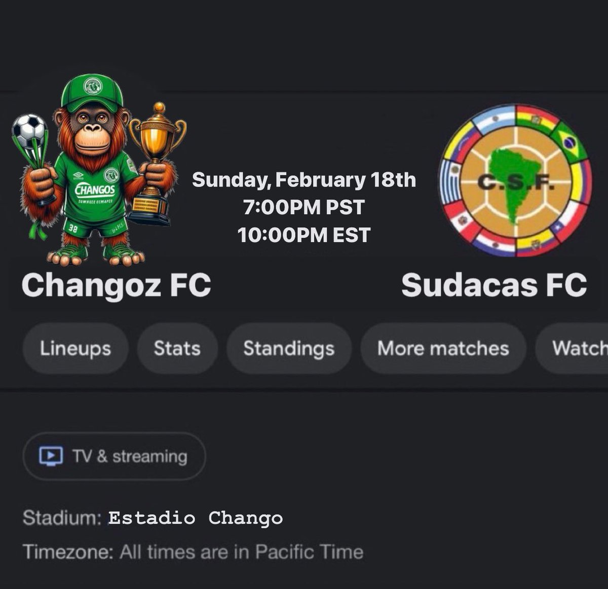🚨 CHANGO ALARM 🚨 

Join us this Sunday for the most anticipated match of the season, Changoz FC vs. Sudacas FC! Don't miss the action! 

<a href="/Sudacas_Footy/">SUDACAS F.C. 🏆</a> 

#ChangozFC #ComeOnYouChangoz