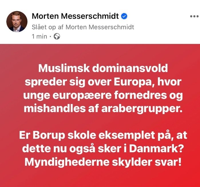 BT kan her til aften fortælle, at det er en "10-årig etnisk dansk dreng", der i pressen er blevet beskyldt for "voldtægt" (et ordvalg eksperter afviser) på Borups Skole. 
Det er en skandale, at selv partiformænd forsøgte at spænde historien for en dæmoniserende antimuslimsk vogn.