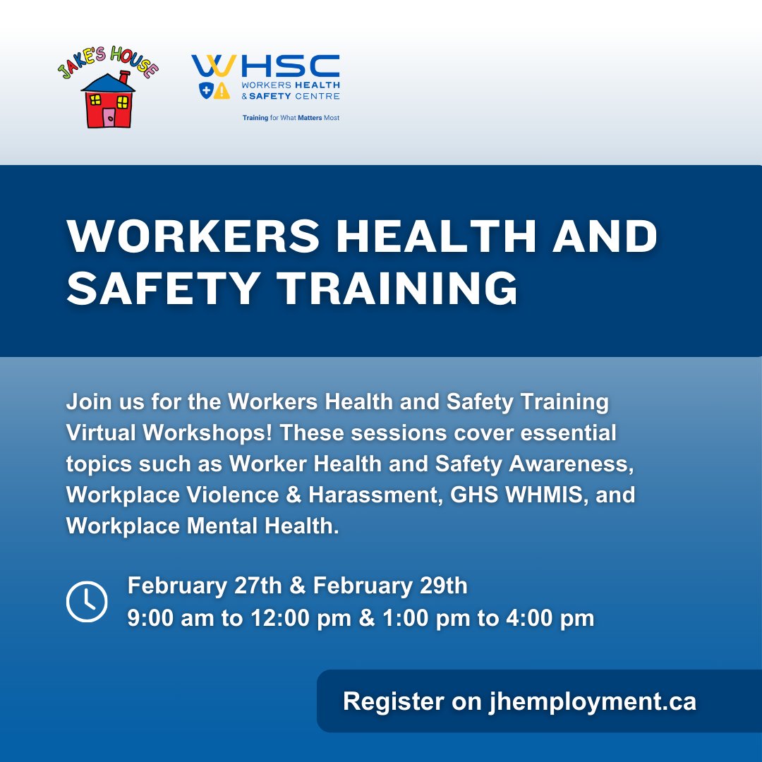 Join us for Workers Health and Safety Training Virtual Workshops! Improve your skillsets in critical areas such as Worker Health and Safety Awareness, Workplace Violence & Harassment, GHS WHMIS, and Workplace Mental Health. Register here: form.jotform.com/240435728417155