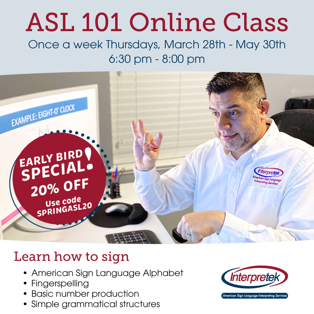 Interpretek's tweet image. Sign up now for our ASL 101 online class! Learn the basics of American Sign Language from fingerspelling to simple grammatical structure all taught by a Deaf instructor!
Join now 👉 bit.ly/3T2dwow
#ASLClasses #LearnASL #ASL