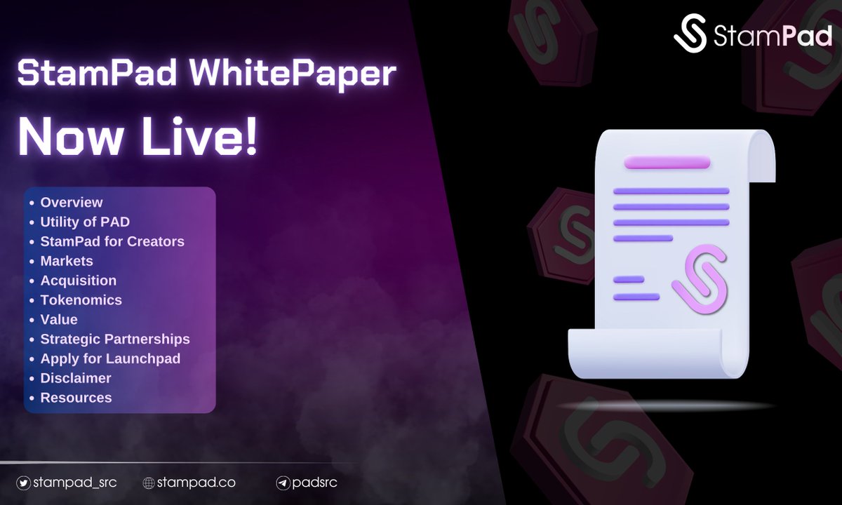 🟣Exciting update! Our Whitepaper v1 is officially out!🔥

📃Dive in: stampad.gitbook.io/whitepaper-v1/

This version lays the groundwork for what we're about, with an eye towards future growth and development of $PAD 🛠

Like, RT &amp; comment your thoughts👇Random comments might receive a