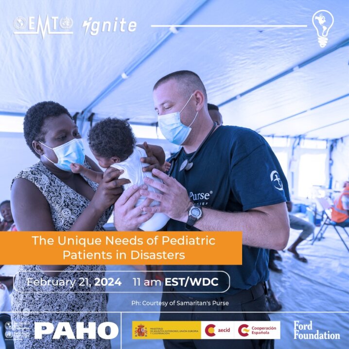📣Join us for the next #EMTignite on 'The Unique Needs of Pediatric Patients in Disasters', in collaboration with @ASPRgov.

🕚Wednesday, February 21
🗓️11:00 am (EST/WDC)

With support from @FordFoundation and @AECID_es.

Register: paho.org/es/eventos/emt…

#EMTamericas