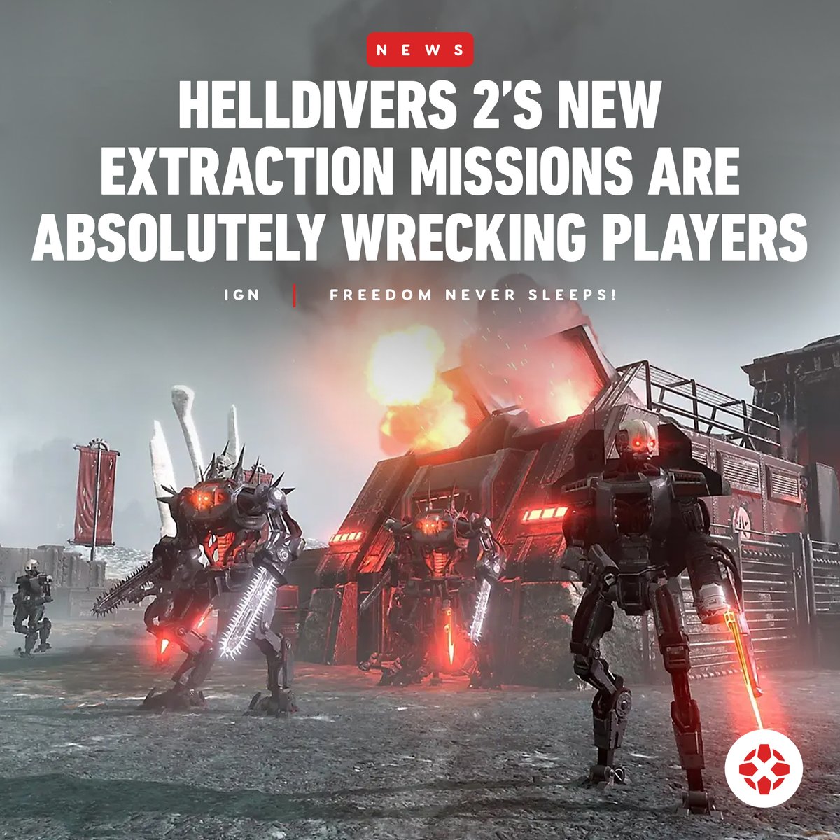 IGN's tweet photo. The Automatons are making a push towards Earth in Helldivers 2 and players are struggling with the new defense missions that chuck hordes of heavily armored killer robots at you in relentless waves. https://t.co/Gq8bmfz8Ep https://t.co/rrQM1Lk6FK