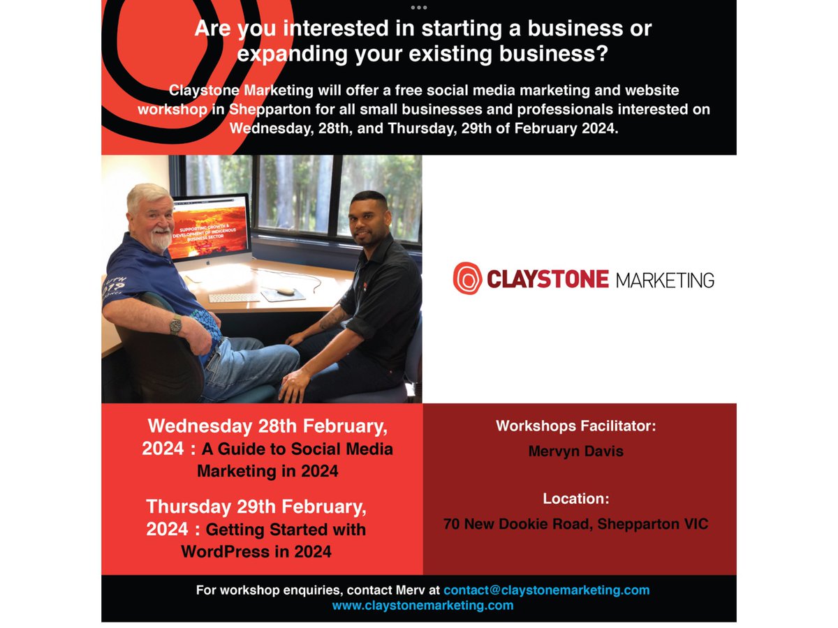ClaystoneMob's tweet image. Claystone Marketing will offer a free social media marketing and website workshop in Shepparton for all small businesses and professionals interested on Wednesday, 28th, and Thursday, 29th of February @Kinaway_ @SupplyNation @VACCHO_org 

More info here

facebook.com/10006363261798…?