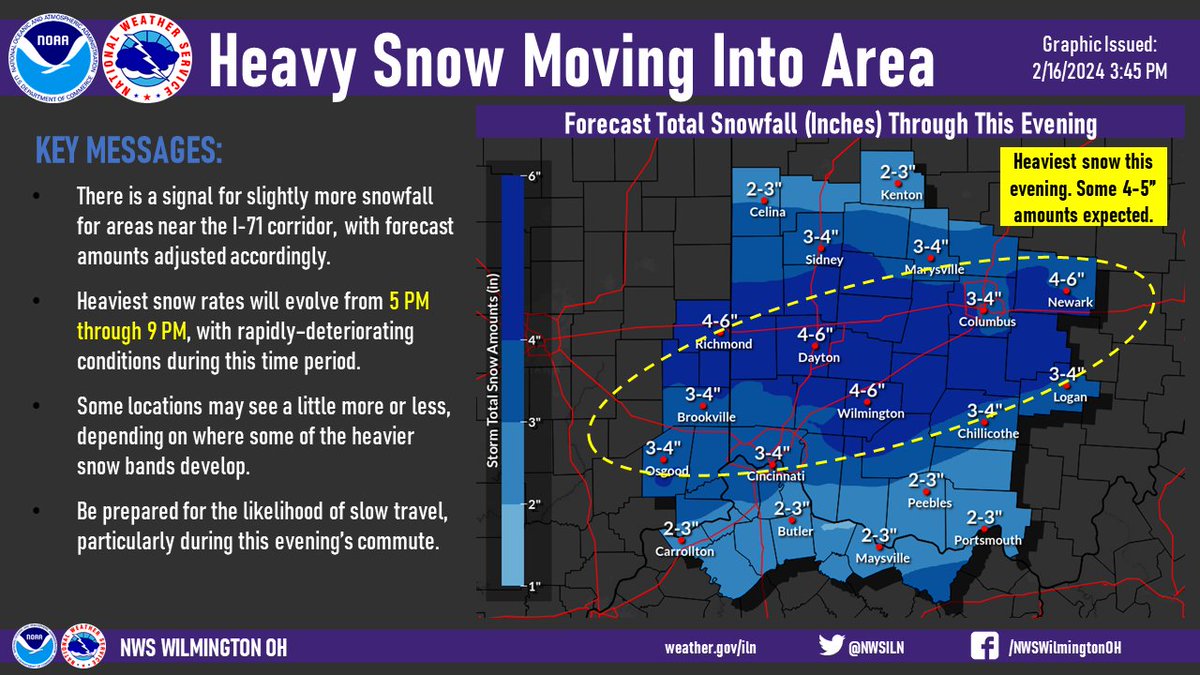 [3:55 PM] We have adjusted our forecast snow accumulations subtly, with the key message being the rapidly-deteriorating conditions expected within the I-70/I-71 corridors this evening! The yellow-highlighted area denotes our area of greatest concern for heavy snow this evening.