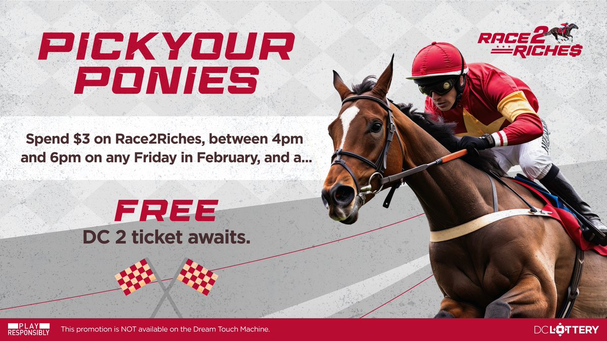 It's time for HAPPY HOUR 😃 

RIGHT NOW, from 4-6 pm, spend $3 on Race2Riches and get a FREE #DC2 Ticket 👀 🐎 

More information here: bit.ly/49gXuga