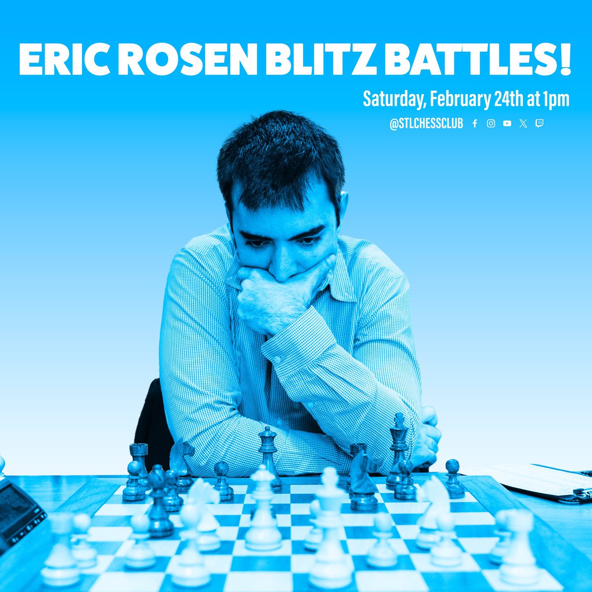 Don’t miss your chance to play world-famous IM Eric Rosen!🤩 On February 24 from 1-4pm, Eric will take on all challengers at the Saint Louis Chess Club in Blitz Battles. 📌Sign up now to reserve your spot on the 24th! 🤗All games will be recorded and could be posted online to the…