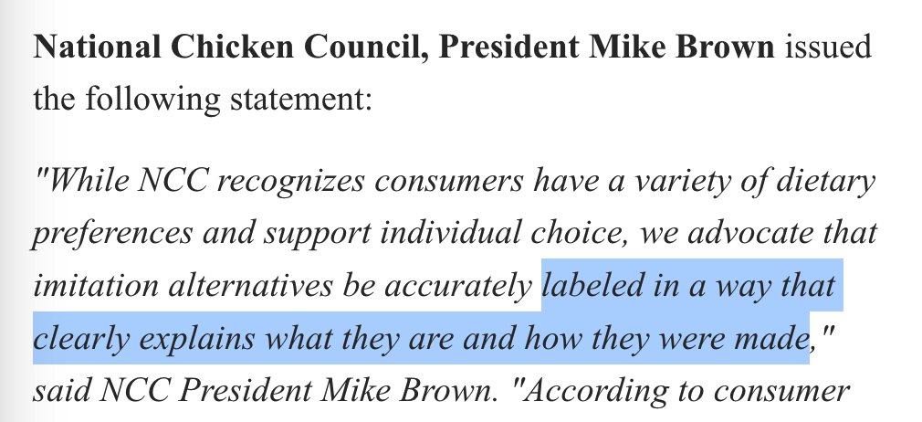 The National Chicken Council wants plant-based meats to be "labeled in a way that clearly explains ... how they were made."

Which is a principle I agree with ... and would love to see applied to factory farmed chicken.