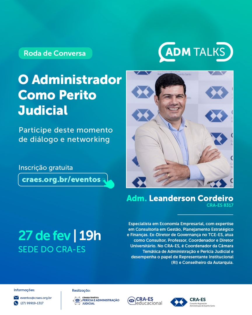 CRA_ES's tweet photo. Está chegando o dia!!! 🤩

Participe do Adm Talks de fevereiro. Dessa vez, a roda de conversa será com o Adm. Leanderson Cordeiro, que abordará a Perícia Judicial, uma área pouco explorada pela Administração e que pode ser uma fonte de renda extra!! https://t.co/p14PrOo4rb