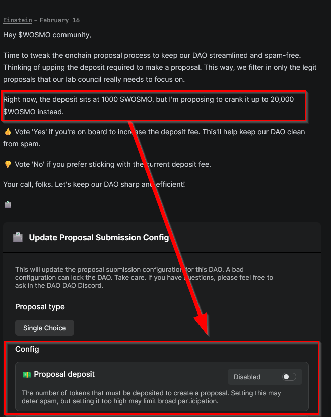raydestar's tweet photo. This is the second time I have voted no on this - the proposer intentionally misled the crowd.  

Getting the word out because the submission is incorrect. If the proposer REALLY wanted a 20k deposit, they would have toggled it on, with 20k on the submission.

$WOSMO @WosmoInu https://t.co/x7T46LgIrl