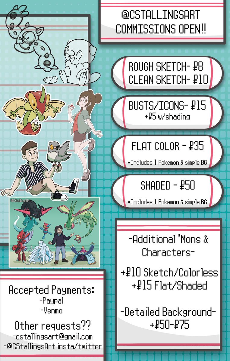 Hey everybody! I’ve got a few slots open and would love to be occupied by your support!

I also do general commissions if you’d prefer non-Pokemon art. Let’s discuss!

Shares, Retweets, &amp; Leads always appreciated! 💙✨