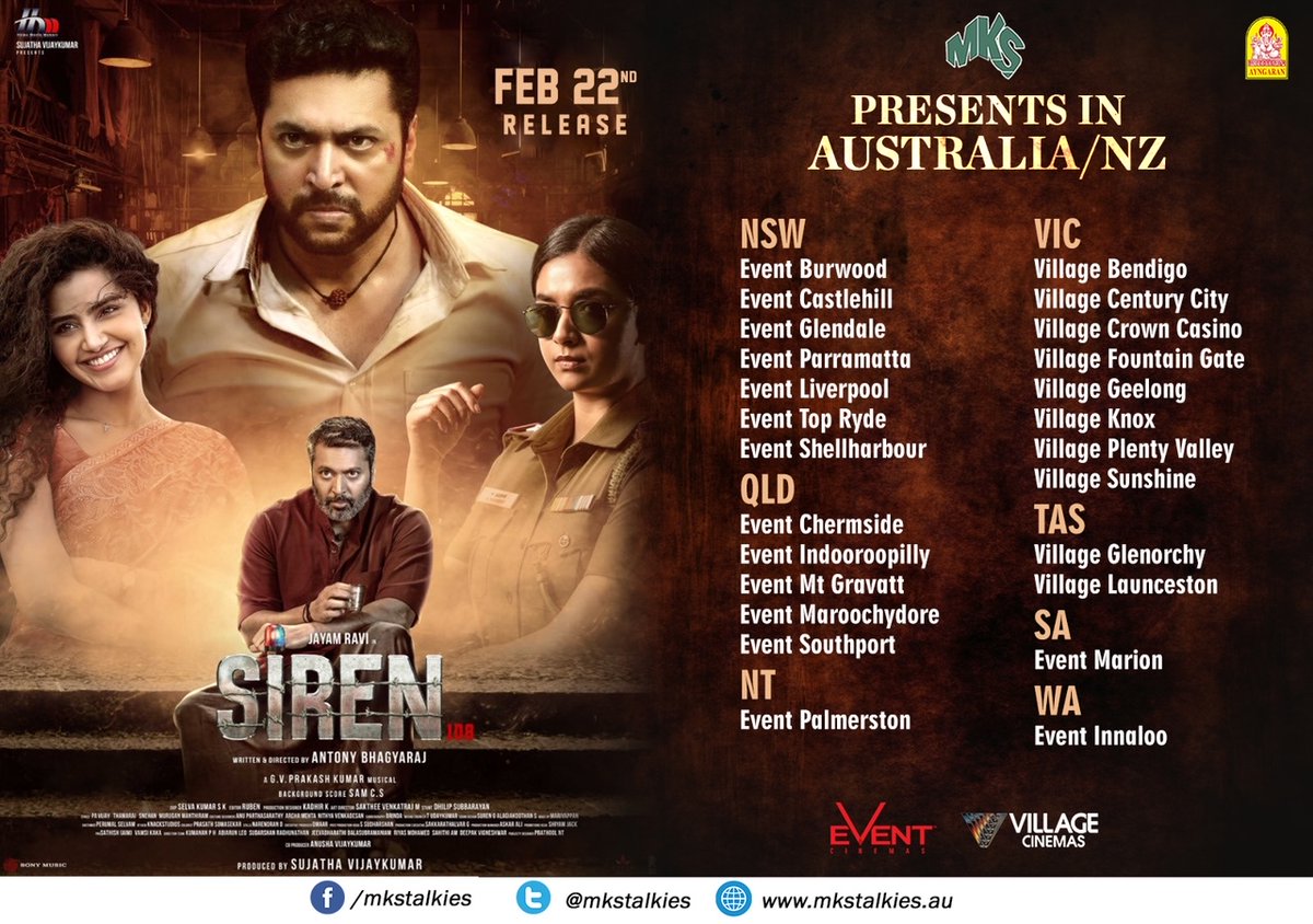 #Siren Aus show details @Ayngaran_offl @actor_jayamravi @sydtamilmovies @PerthTamilMovie @mksspices @MksFood @forumfilms