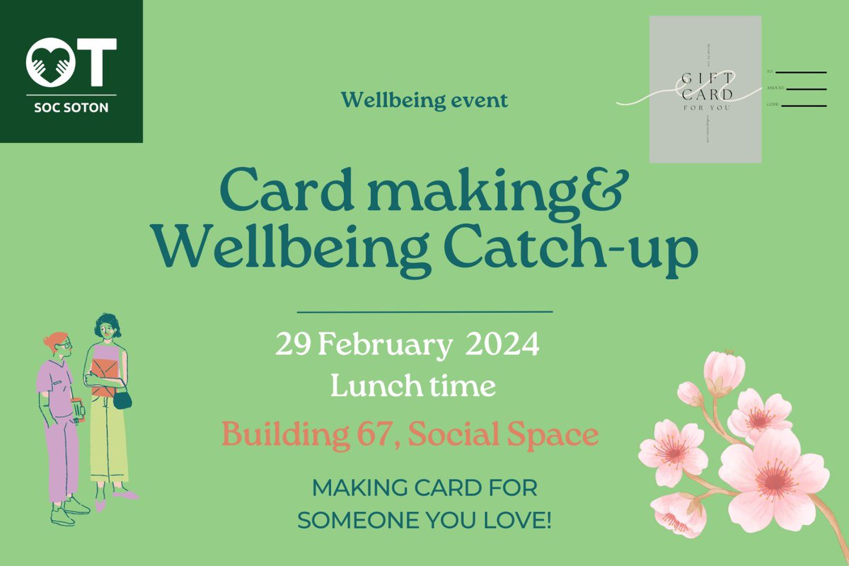 Excited to announce next wellbeing event! With recent festivities, it's a perfect time to make a card for loved ones. Join us on February 29th in Building 67's social space. This is also a great chance to catch up, especially for second-year and MSc students back from placements!