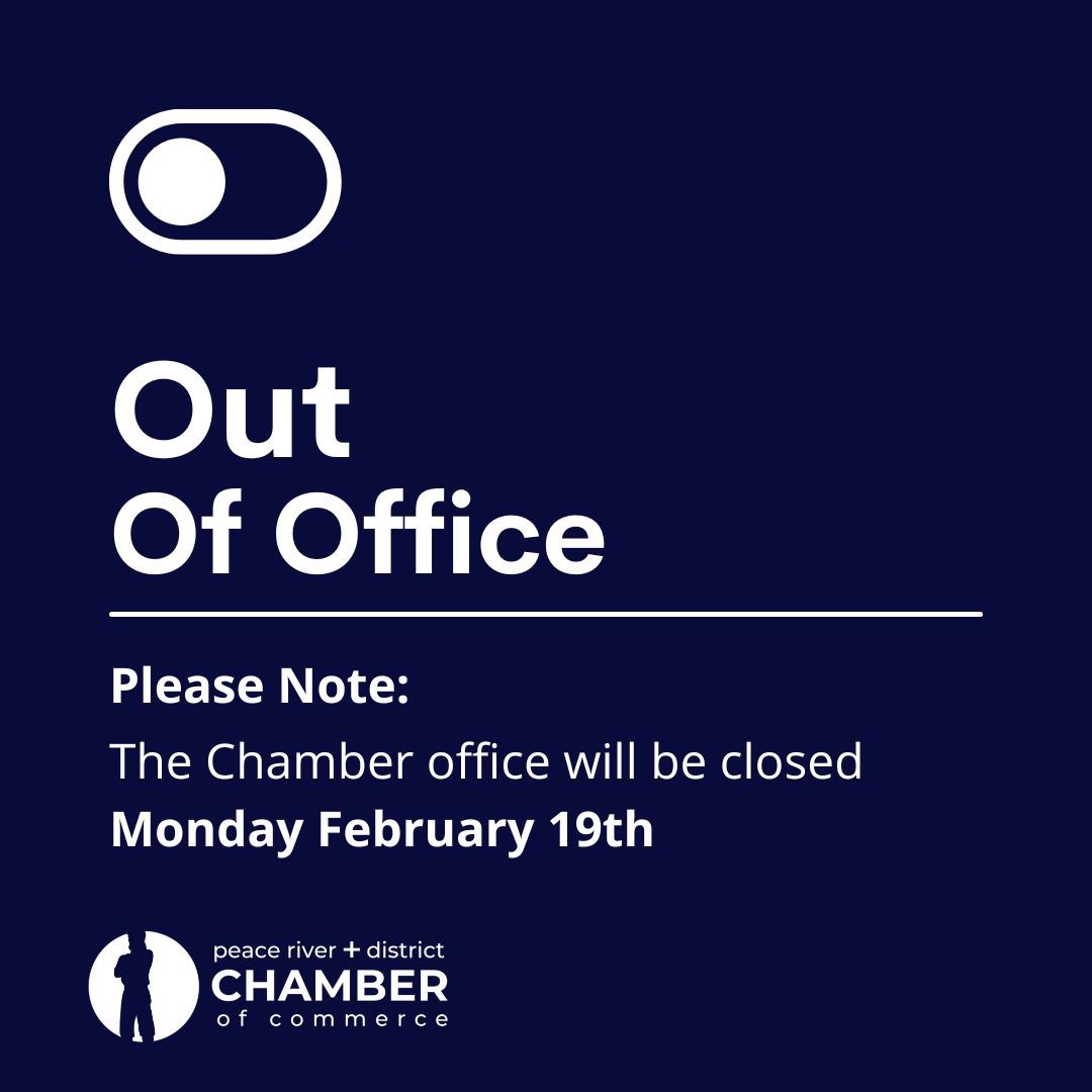 PR_Chamber's tweet image. The Chamber office will be closed on Monday February 19 in honour of Family Day. Have a happy long weekend!

#FamilyDay #PeaceRiverChamberOfCommerce