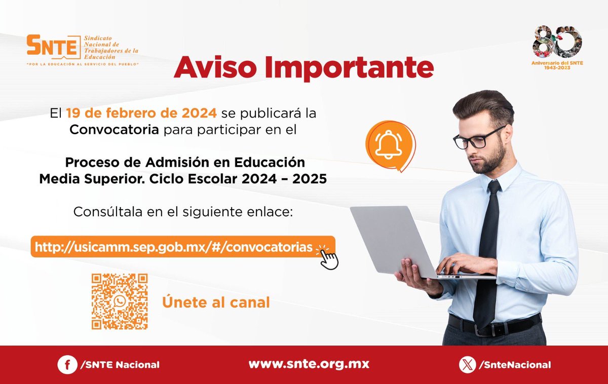 #80AniversarioSNTE 🌟

🚨 Toma nota y prepárate 👉El #19deFebrero sale la convocatoria para participar en el Proceso de Admisión en Educación Media Superior 2024-2025 ✔️ No dejes pasar esta oportunidad 👩‍🏫👨‍🏫

Consulta bases y requisitos aquí 👇
usicamm.sep.gob.mx/#/convocatorias