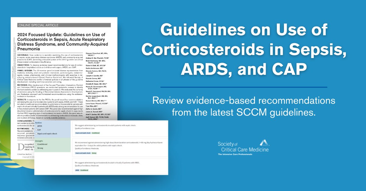 SCCM's tweet photo. Review new evidence-based SCCM guidelines on the use of corticosteroids in #sepsis, ARDS, and community-acquired pneumonia. Access filterable recommendations &amp; accompanying infographic: https://t.co/3cwSHzobNz
#SCCMSoMe https://t.co/n6Be9itqfd