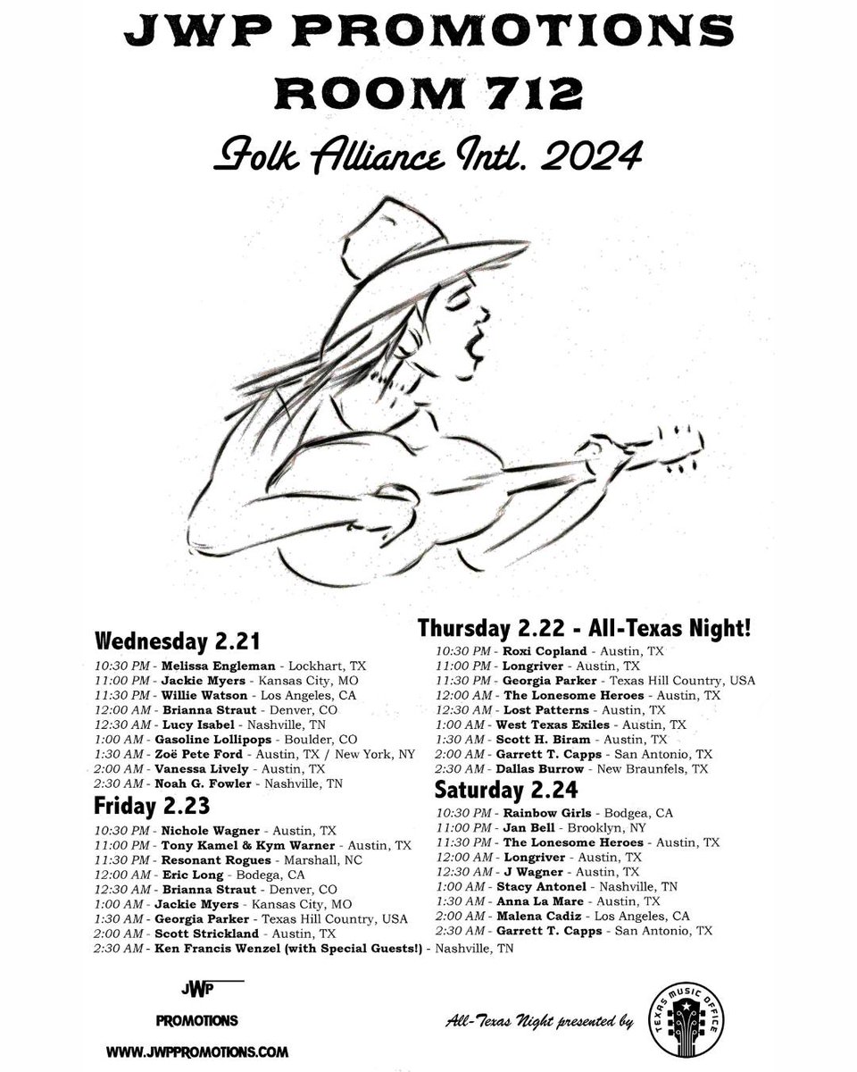 txmusicoffice's tweet image. It's the TEXAS MUSIC NIGHT at @folkalliance Feb 22-23, 2024 in #KansasCityMO at the Westin Crown Center! 4 great ways to catch all-Texas lineups while you're at FAI, including TMO's official showcase on 2.22.24 from 6-10PM in the Liberty Ballroom!

#folkalliance2024