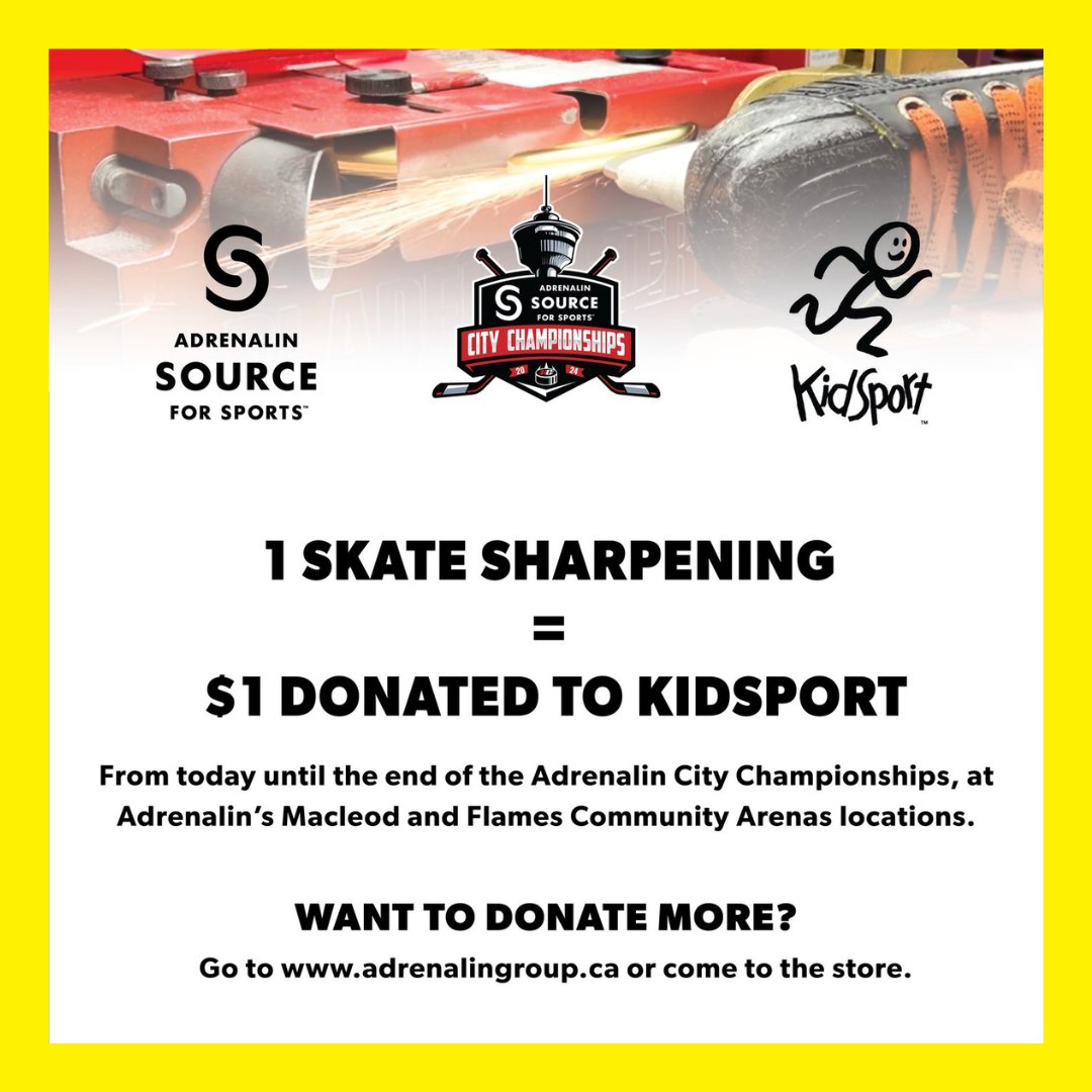 KidSportCalgary's tweet image. Our incredible partner Adrenalin Source for Sports is donating $1 from every skate sharpening now until the end of Adrenalin City Champs (March 20th). Head down to Adrenalin's Macleod or the Flames Community Arenas location today.
#SoAllKidsCanPlay  #yyccommunity  #YYCMinorHockey