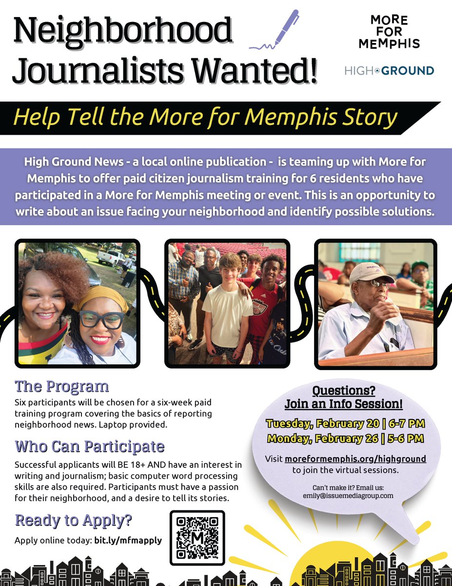 @HighGroundNews is partnering with MFM to offer paid citizen journalism training for 6 residents who have participated in a MFM event. This is an opportunity to write about an issue facing your neighborhood and identify possible solutions. 

-> moreformemphis.org/highground.