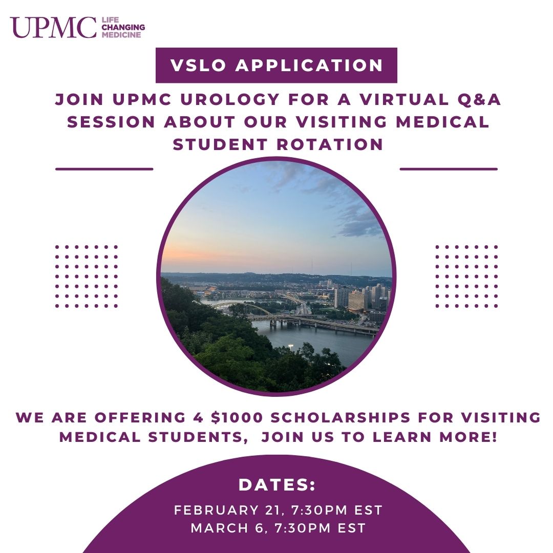 UPMCUrology's tweet photo. We are hosting 2 Q&amp;A sessions for our VSLO visiting medical student Sub-I rotations! Our 1st session is Feb 21st at 7:30PM EST. We have 4 $1000 scholarships for visiting students!   

Sign up at the link below: https://t.co/piKxI5Y5NP

@UroResidency

#AUA #AUAmatch #urosome https://t.co/UXrdWxI4dY