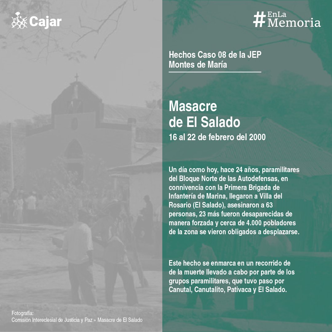 #EnLaMemoria🌷Hoy se conmemoran 24 años de la Masacre de El Salado, un trágico hecho de la historia de Colombia, donde paramilitares, en alianza con agentes del Estado, asesinaron a más de 60 civiles, aduciendo supuestos vínculos con la guerrilla. Los familiares de las víctimas