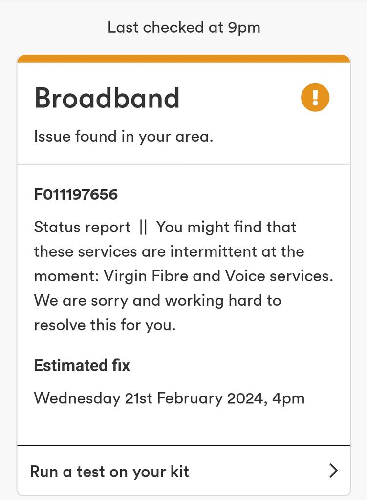 CarlGriffett's tweet photo. @virginmedia your broadband has been nothing short of woeful recently in SP4 region. Your app says everything works, then it doesn't, then it does. Dreadful. Due to be fixed 16 Feb; now 21 Feb. Can you give me some information why it's taking so long?!? https://t.co/AWJbesNLfW